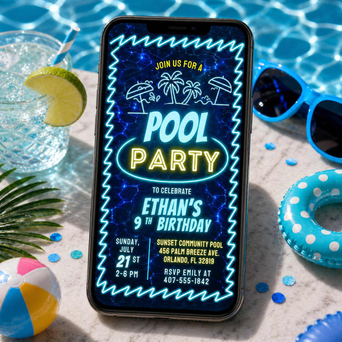 Neon Pool Party 9th Birthday Invitation — print-ready 9th birthday party design from VoltBy