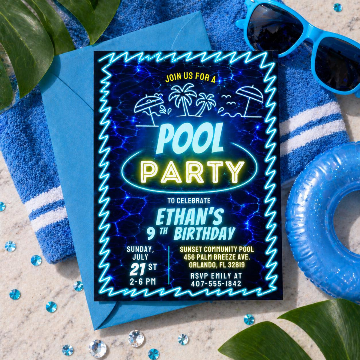 Neon Pool Party 9th Birthday Invitation — digital invitation, instant download