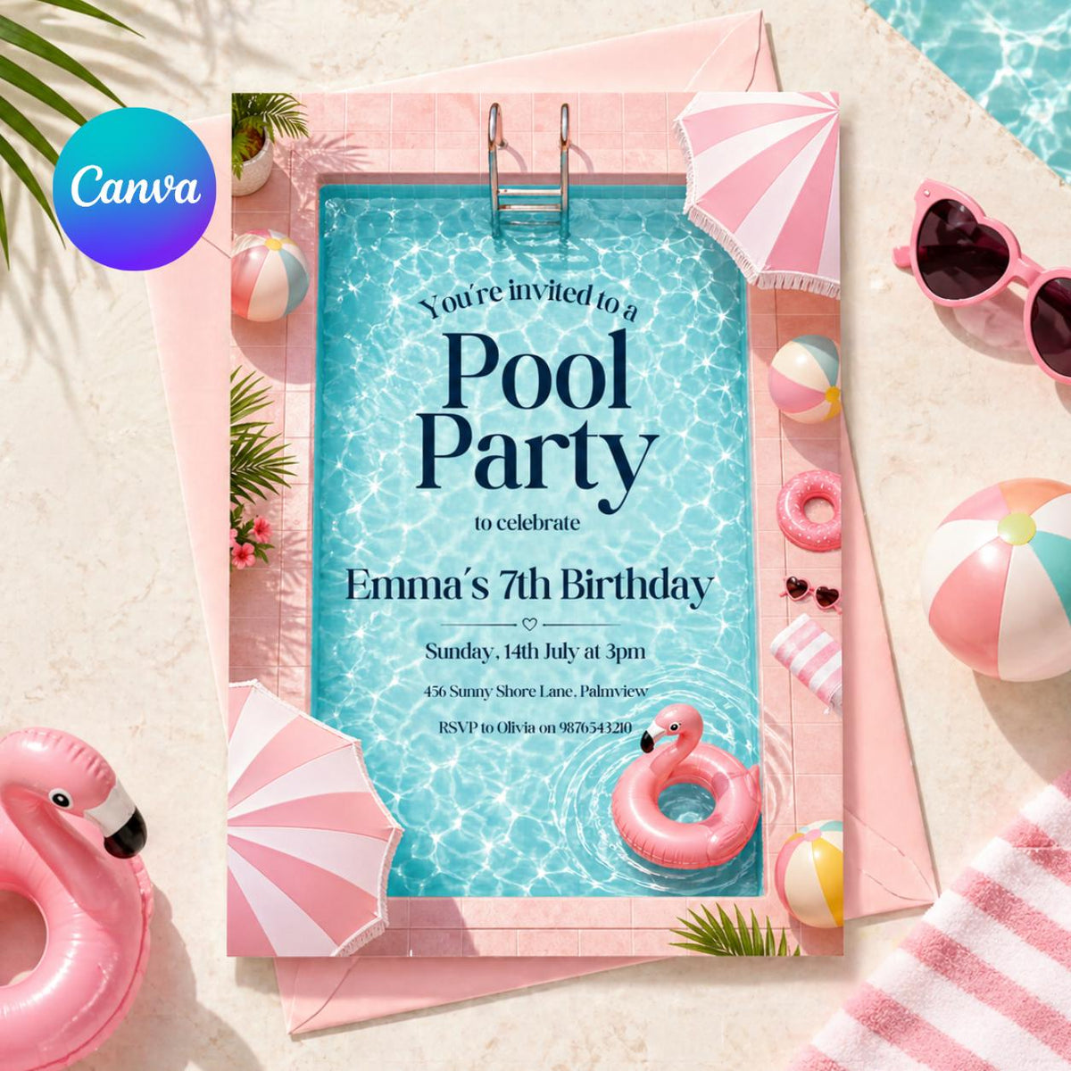 Pool Party 7th Birthday Invitation with Pink Striped Border — editable Canva template