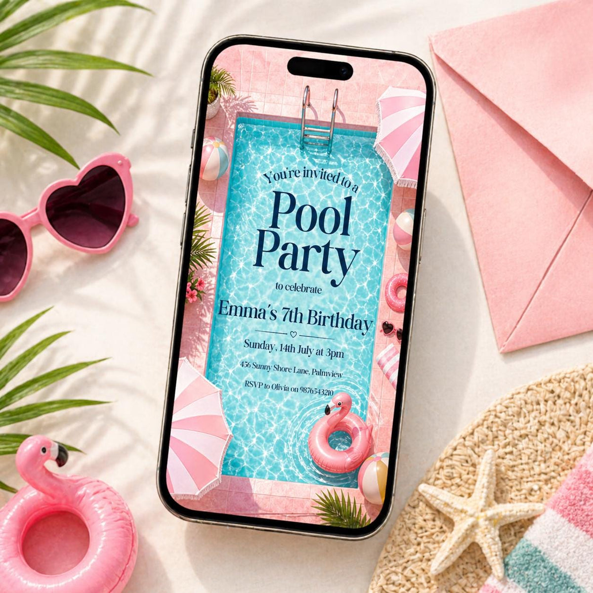 Pool Party 7th Birthday Invitation with Pink Striped Border — flamingo design