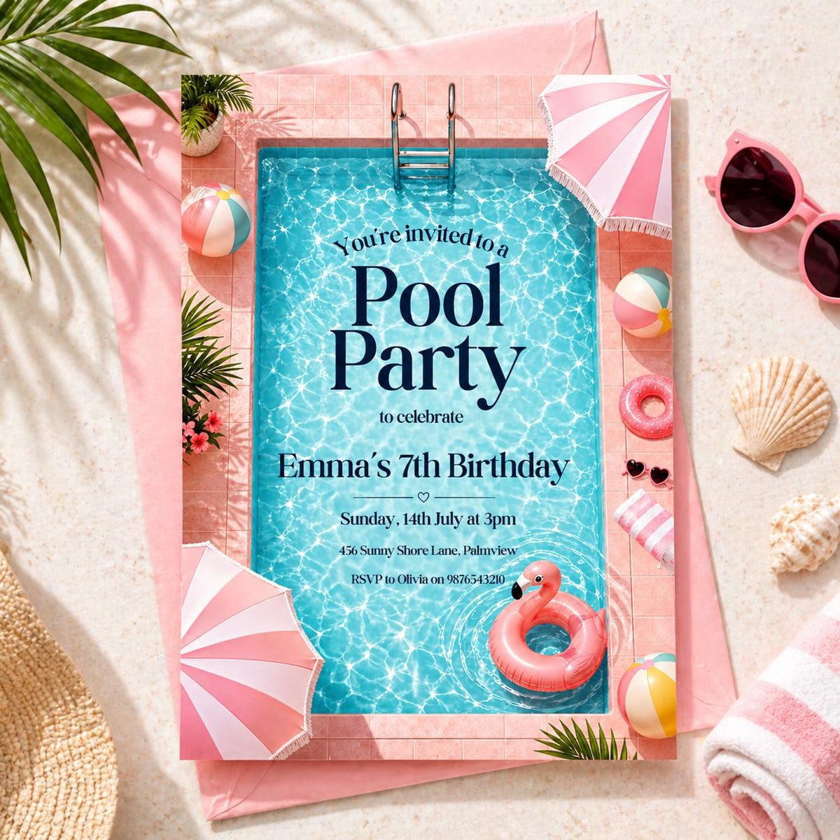 Pool Party 7th Birthday Invitation with Pink Striped Border — flamingo artwork in blue