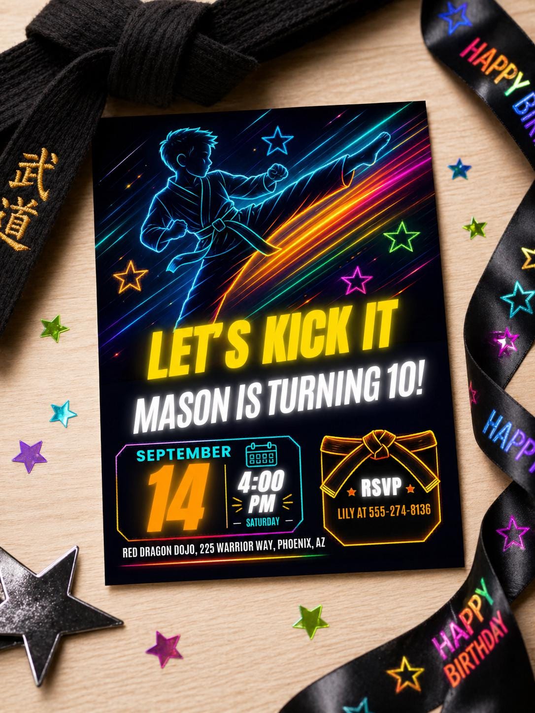 Neon Karate 10th Birthday Invitation in Blue and Yellow — invitation you personalize in Canva