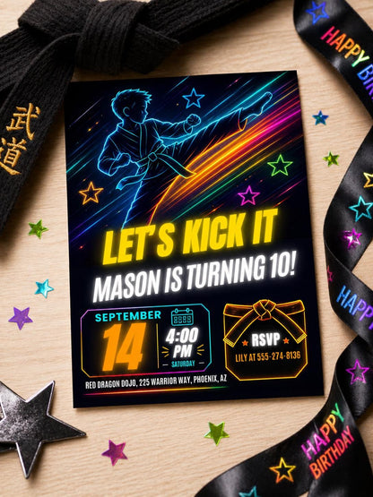 Neon Karate 10th Birthday Invitation in Blue and Yellow — invitation you personalize in Canva