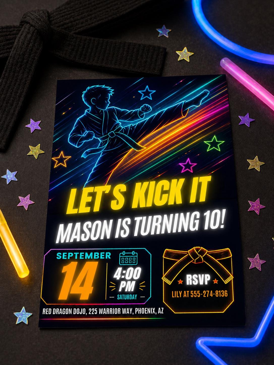 Neon Karate 10th Birthday Invitation in Blue and Yellow — 10th birthday party stationery by VoltBy