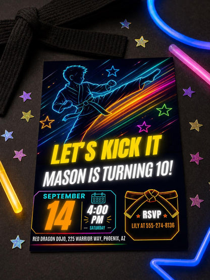 Neon Karate 10th Birthday Invitation in Blue and Yellow — 10th birthday party stationery by VoltBy
