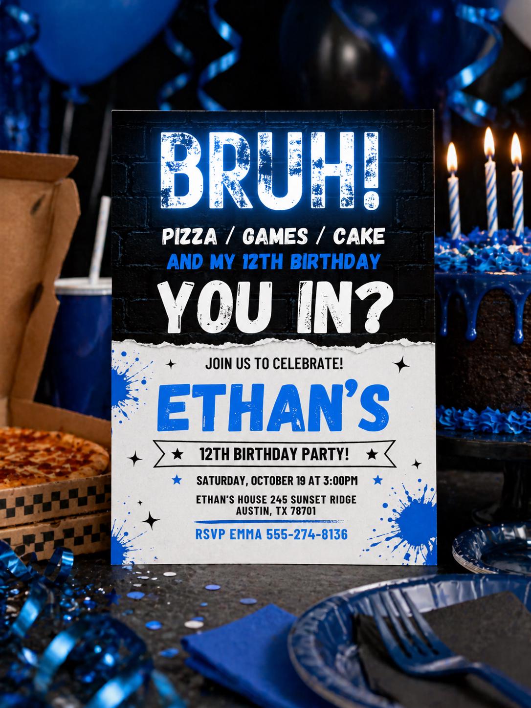 Bruh You In 12th Birthday Invitation in Blue and White — invitation you personalize in Canva