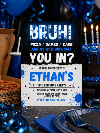 Bruh You In 12th Birthday Invitation in Blue and White — invitation you personalize in Canva