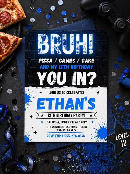 Bruh You In 12th Birthday Invitation in Blue and White — print-ready 12th birthday party design from VoltBy