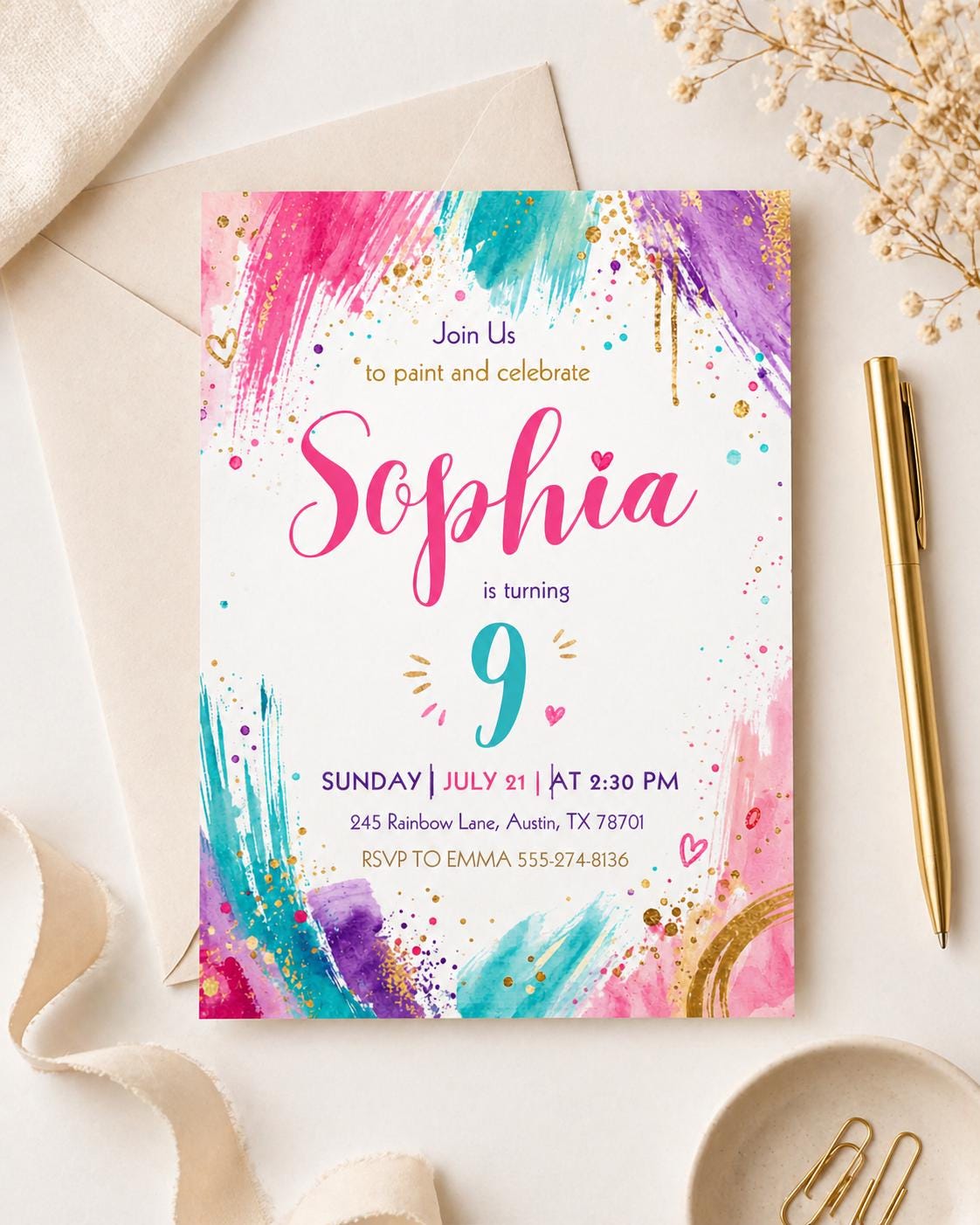 Rainbow Watercolor Painting Birthday Invitation — pastel birthday party design