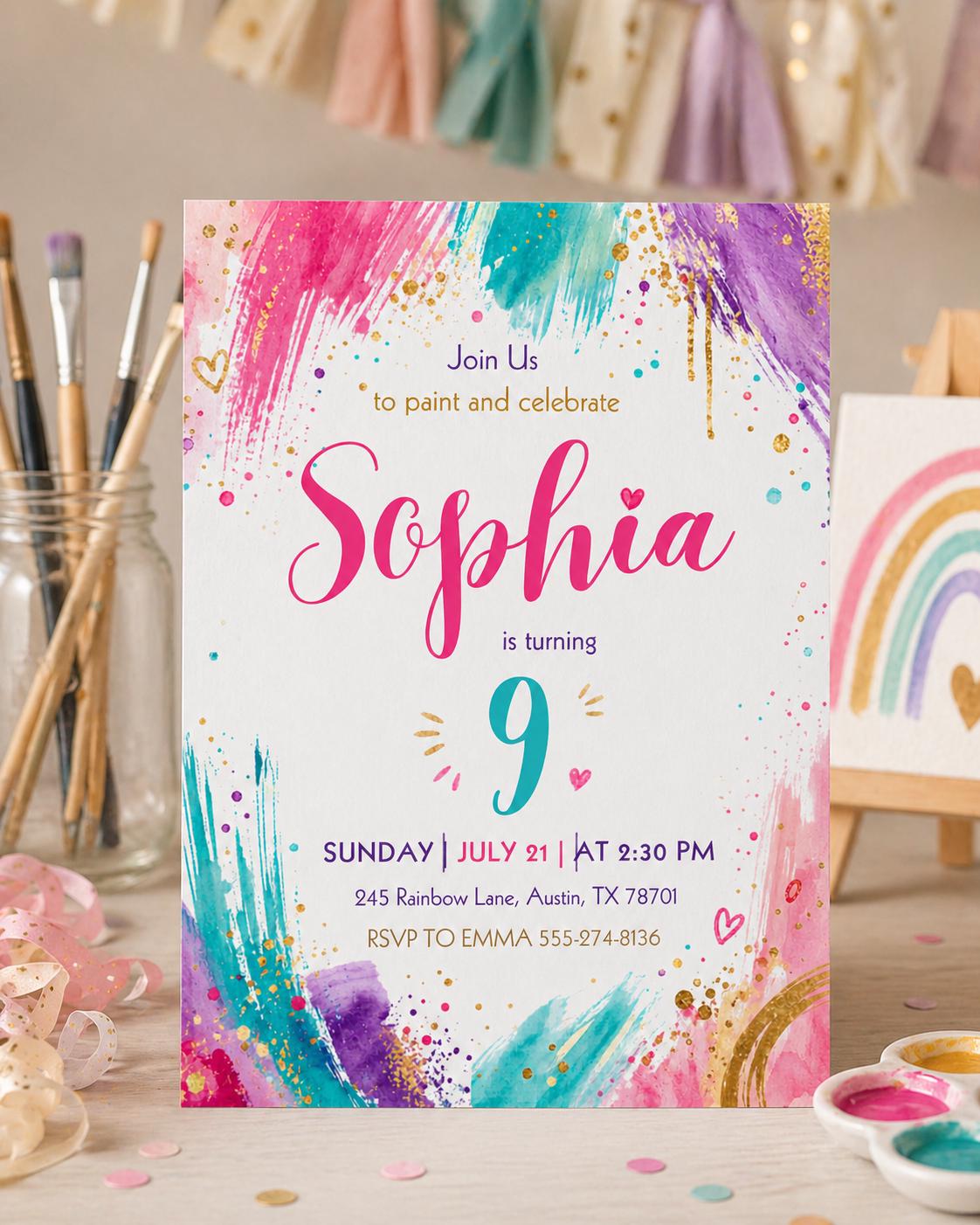 Rainbow Watercolor Painting Birthday Invitation — invitation you personalize in Canva