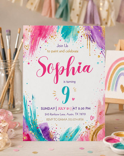 Rainbow Watercolor Painting Birthday Invitation — invitation you personalize in Canva
