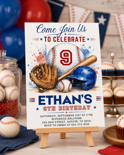Baseball Equipment 9th Birthday Invitation — print-ready 9th birthday party design from VoltBy