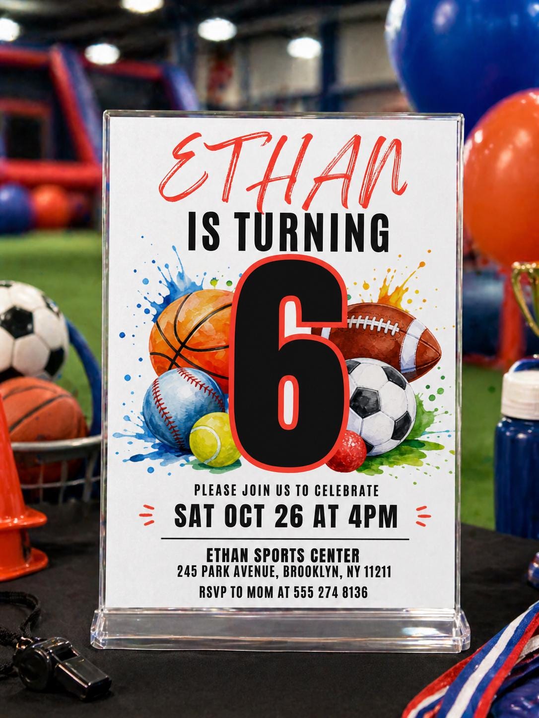 All-Star Sports 6th Birthday Invitation with Basketball and Baseball — invitation you personalize in Canva