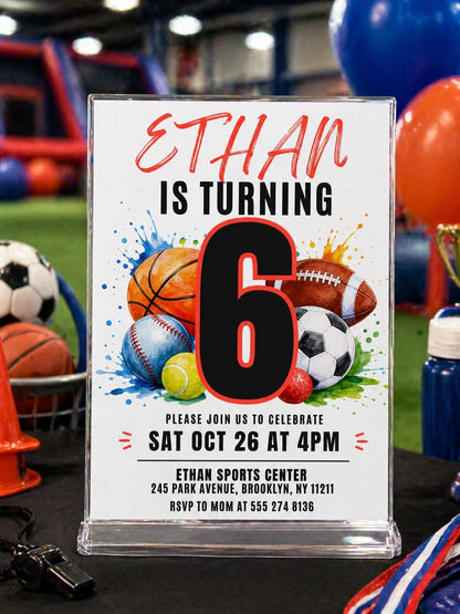 All-Star Sports 6th Birthday Invitation with Basketball and Baseball — invitation you personalize in Canva