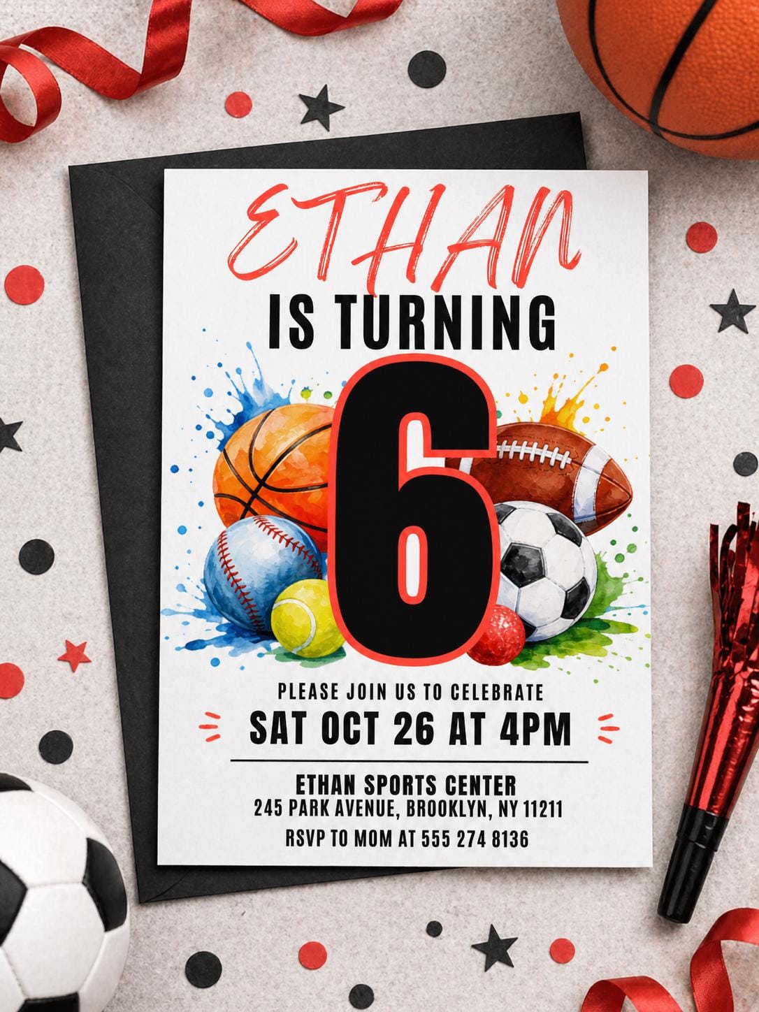 All-Star Sports 6th Birthday Invitation with Basketball and Baseball — art artwork in blue red