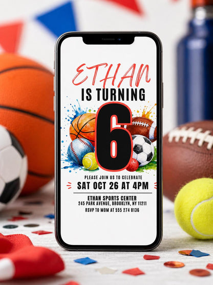 All-Star Sports 6th Birthday Invitation with Basketball and Baseball — digital invitation, instant download