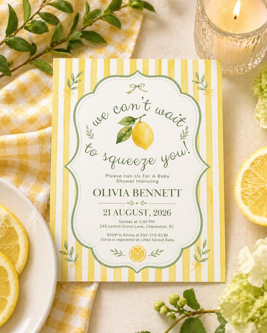 Lemon Baby Shower Invitation — print-ready baby shower design from VoltBy