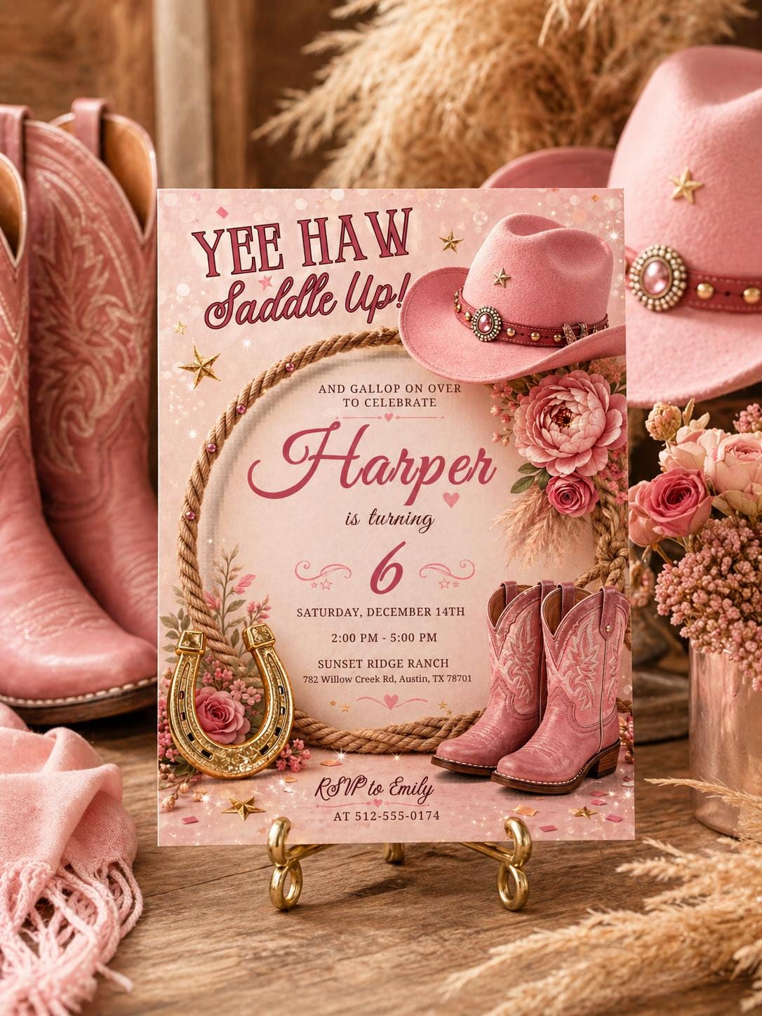 Pink Cowgirl 6th Birthday Invitation with Roses — cowboy and rose artwork in cream