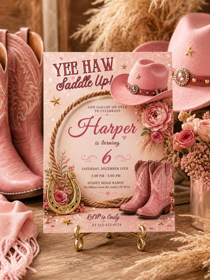 Pink Cowgirl 6th Birthday Invitation with Roses — cowboy and rose artwork in cream