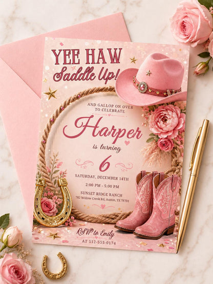 Pink Cowgirl 6th Birthday Invitation with Roses — cowboy and rose design