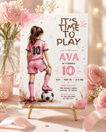 Editable Pink Soccer Party Template, Girls Sports Birthday Invite, Football Birthday Invite, Canva Template, Digital Download __etsy:7973806860