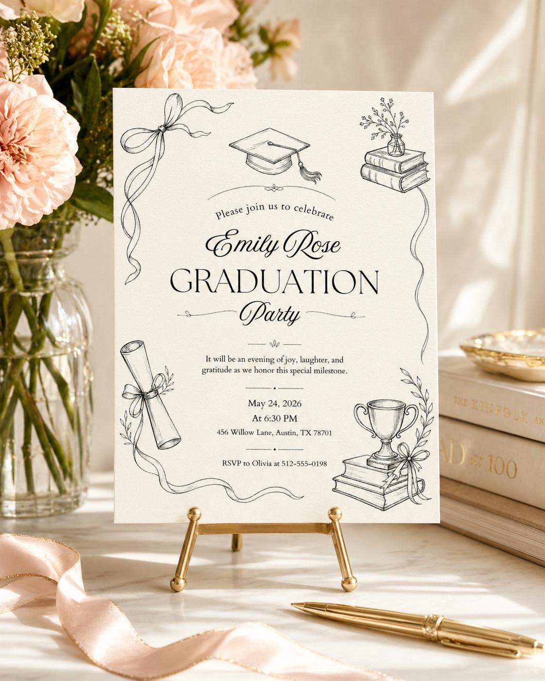 Graduation Doodle Invitation with Books and Bow — hand drawn graduation party design