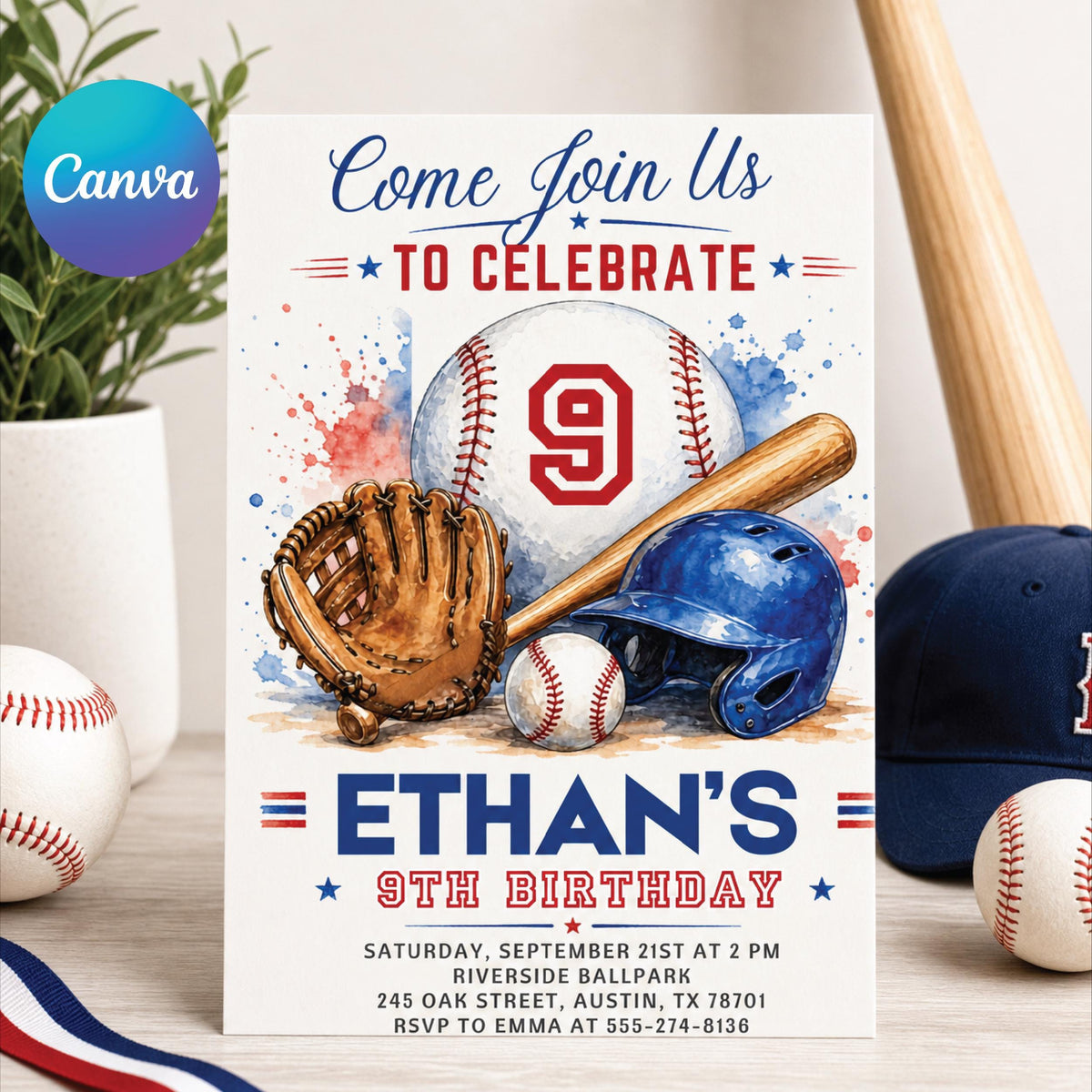 Baseball Equipment 9th Birthday Invitation — editable Canva template
