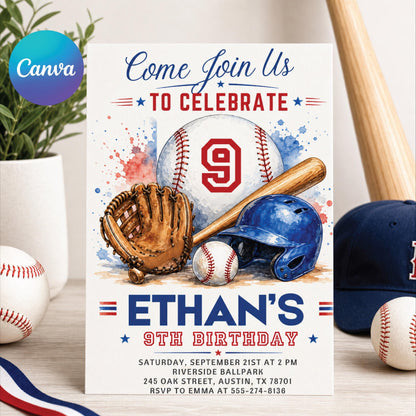 Baseball Equipment 9th Birthday Invitation — editable Canva template