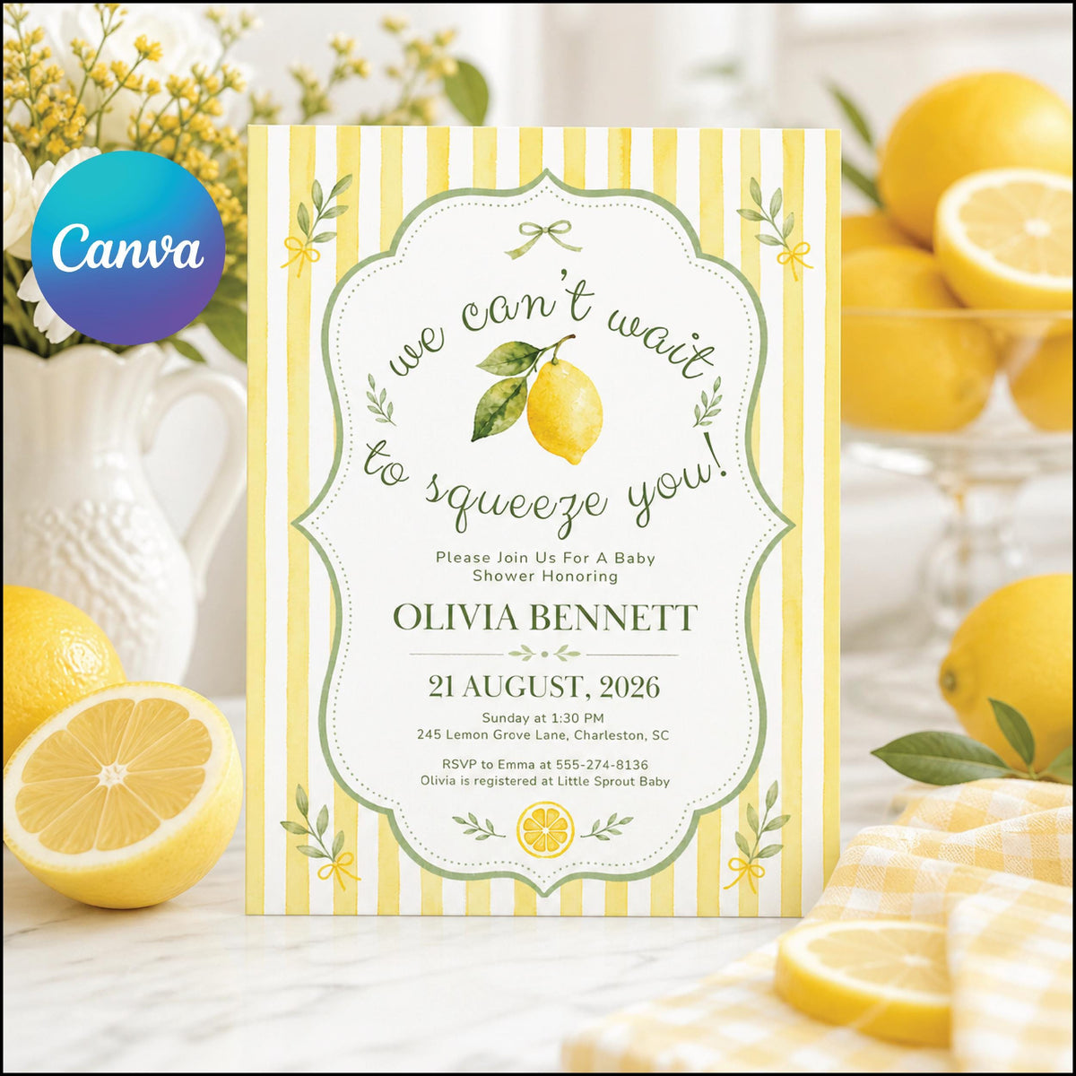 Lemon Baby Shower Invitation — editable Canva template
