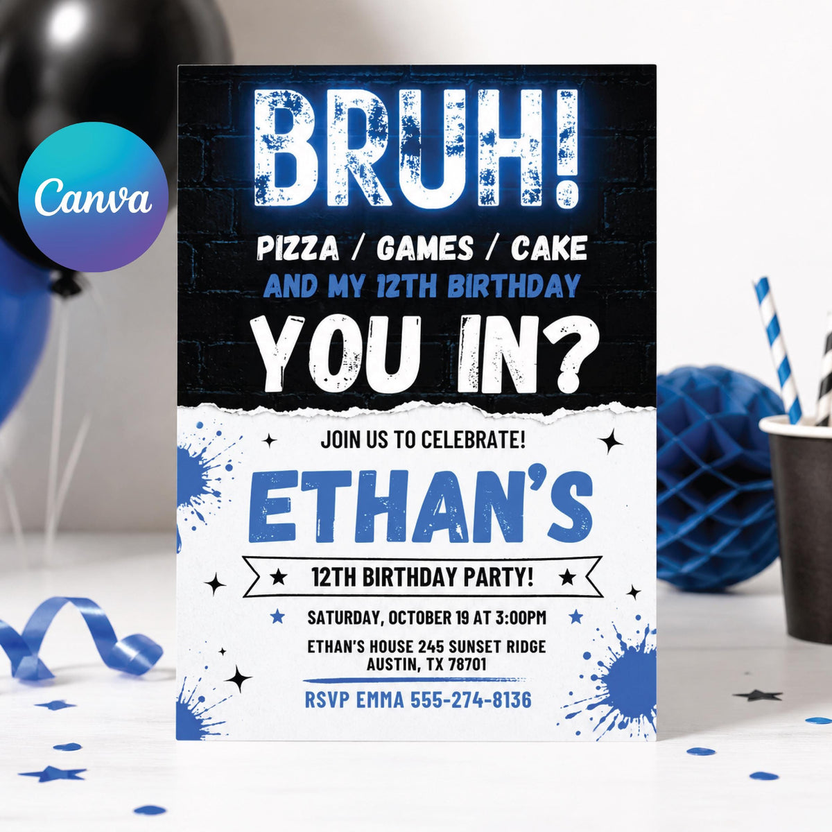 Bruh You In 12th Birthday Invitation in Blue and White — editable Canva template
