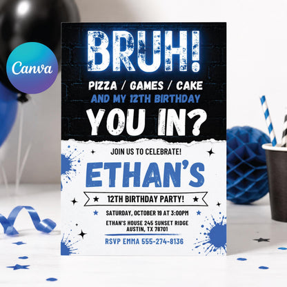 Bruh You In 12th Birthday Invitation in Blue and White — editable Canva template