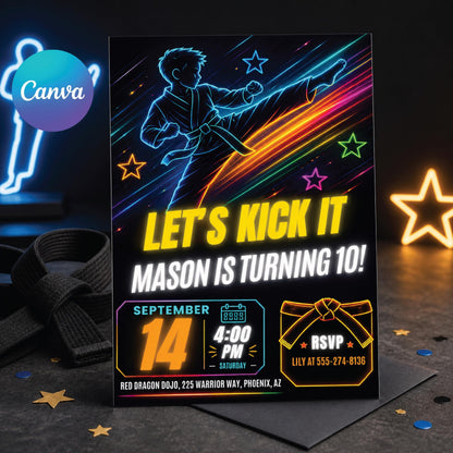 Neon Karate 10th Birthday Invitation in Blue and Yellow — editable Canva template