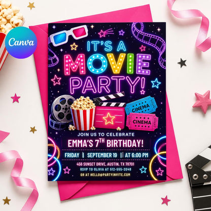 Neon Movie Party 7th Birthday Invitation — editable Canva template