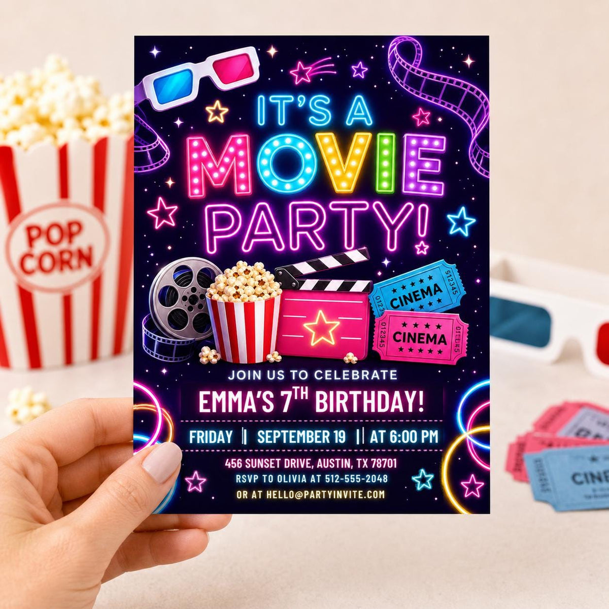 Neon Movie Party 7th Birthday Invitation — celestial 7th birthday party design