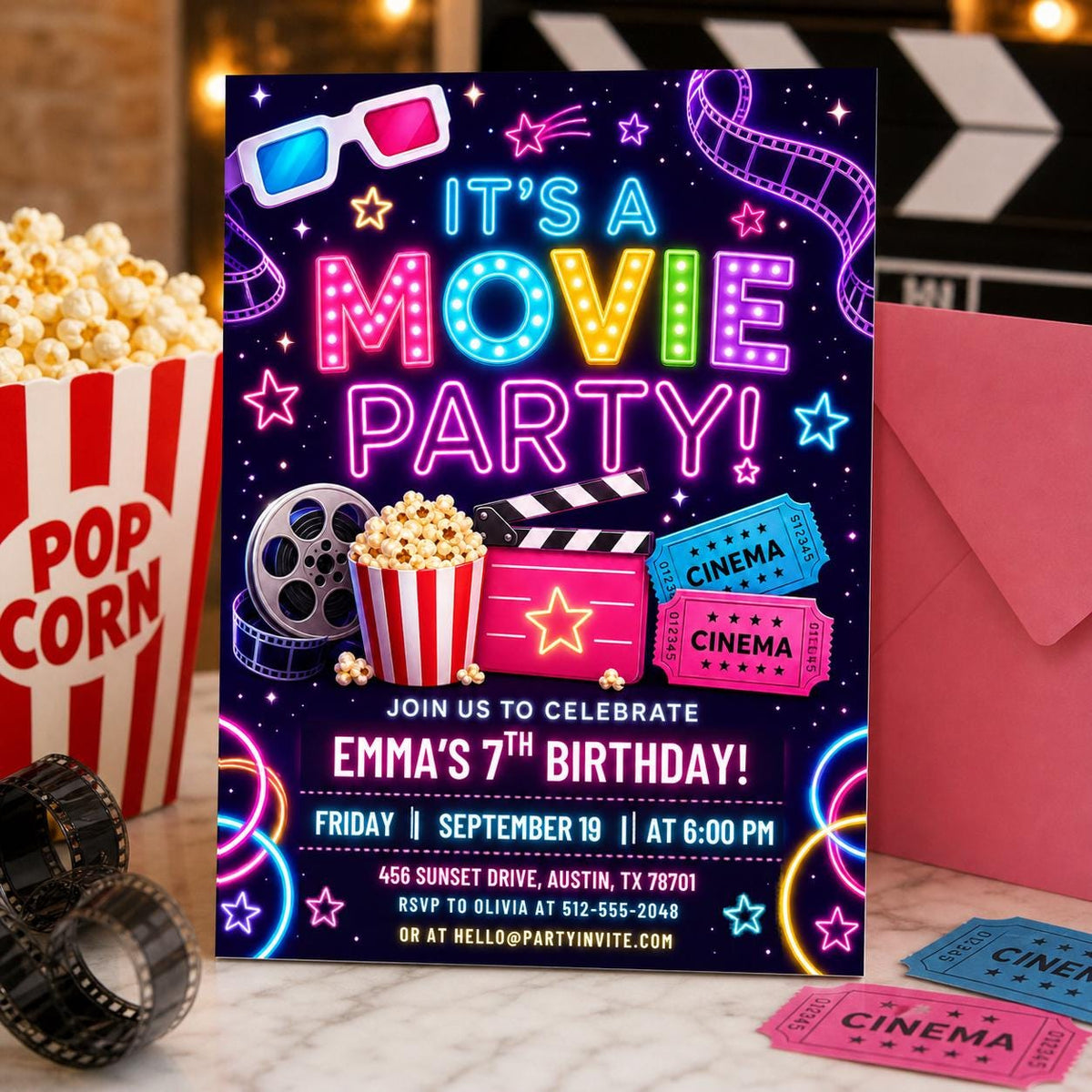 Neon Movie Party 7th Birthday Invitation — digital invitation, instant download