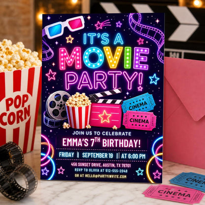 Neon Movie Party 7th Birthday Invitation — digital invitation, instant download