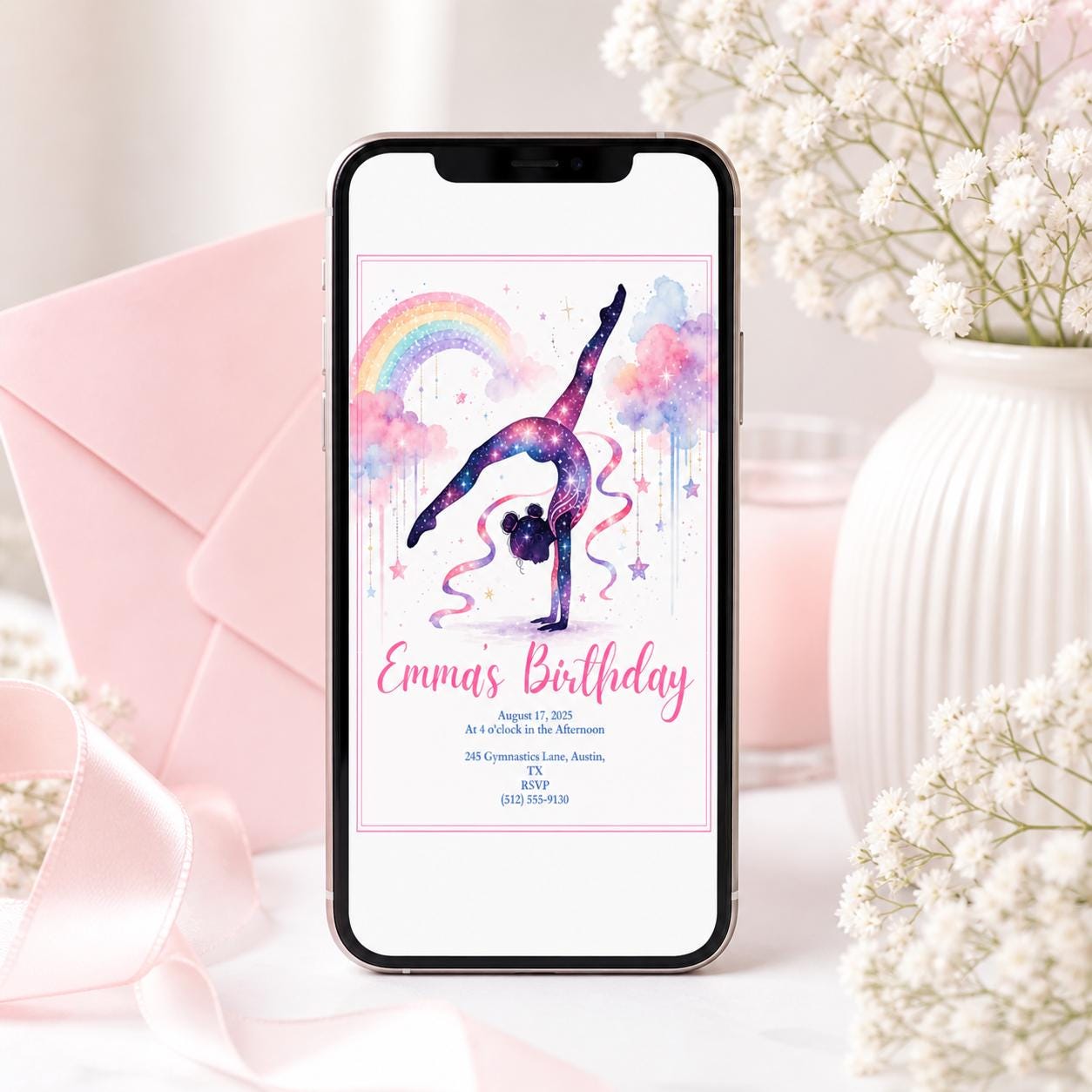 Editable Gymnastics Invitation Gymnastics Birthday Invite Preppy Retro Gymnastics Invitations Gymnastics Party Template Pink Girl Invitation __etsy:7976886068