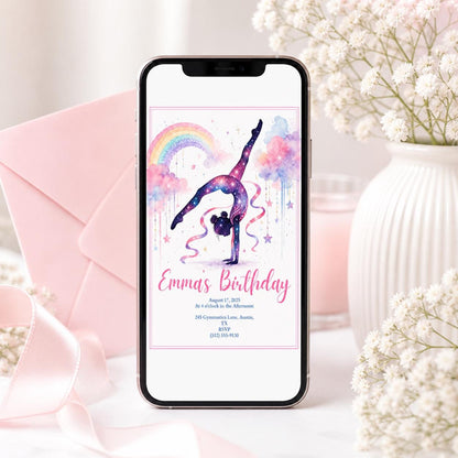Editable Gymnastics Invitation Gymnastics Birthday Invite Preppy Retro Gymnastics Invitations Gymnastics Party Template Pink Girl Invitation __etsy:7976886068