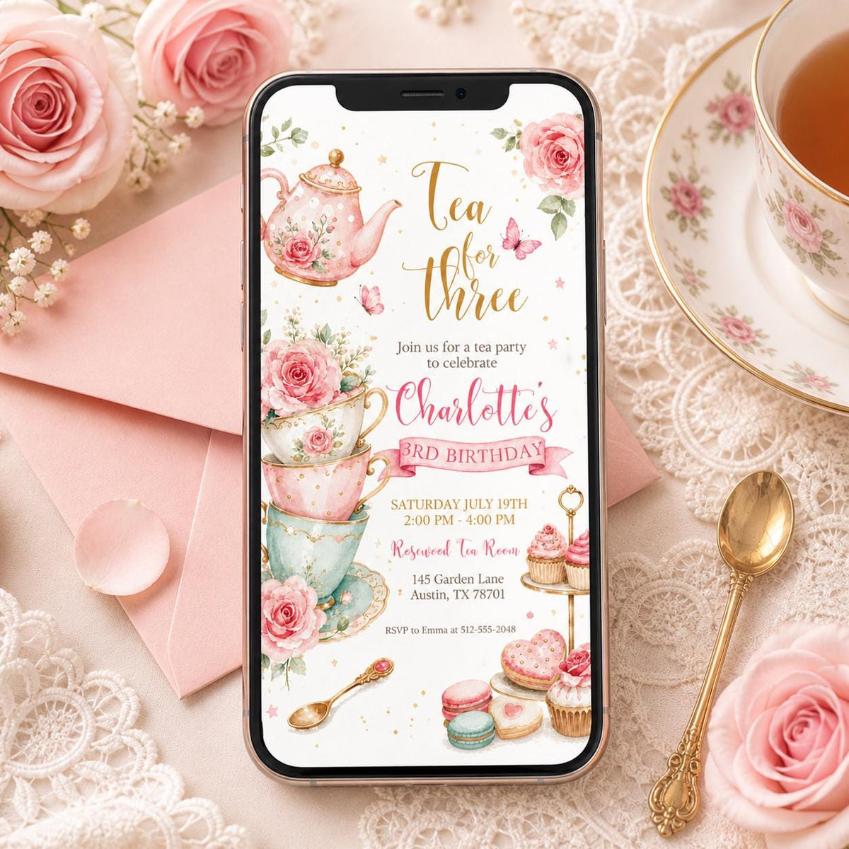 Rose Tea for Three Birthday Invitation with Stacked Cups — invitation you personalize in Canva