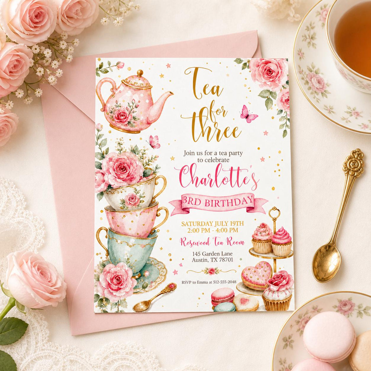 Rose Tea for Three Birthday Invitation with Stacked Cups — print-ready 3rd birthday party design from VoltBy