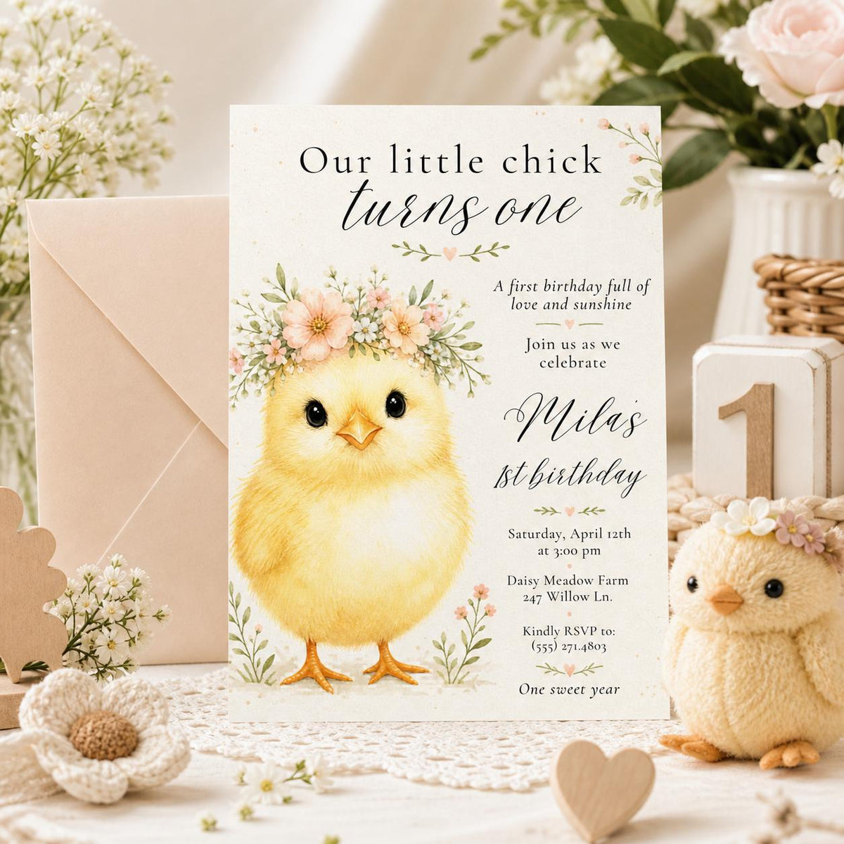 Little Chick First Birthday Invitation with Floral Crown — digital invitation, instant download