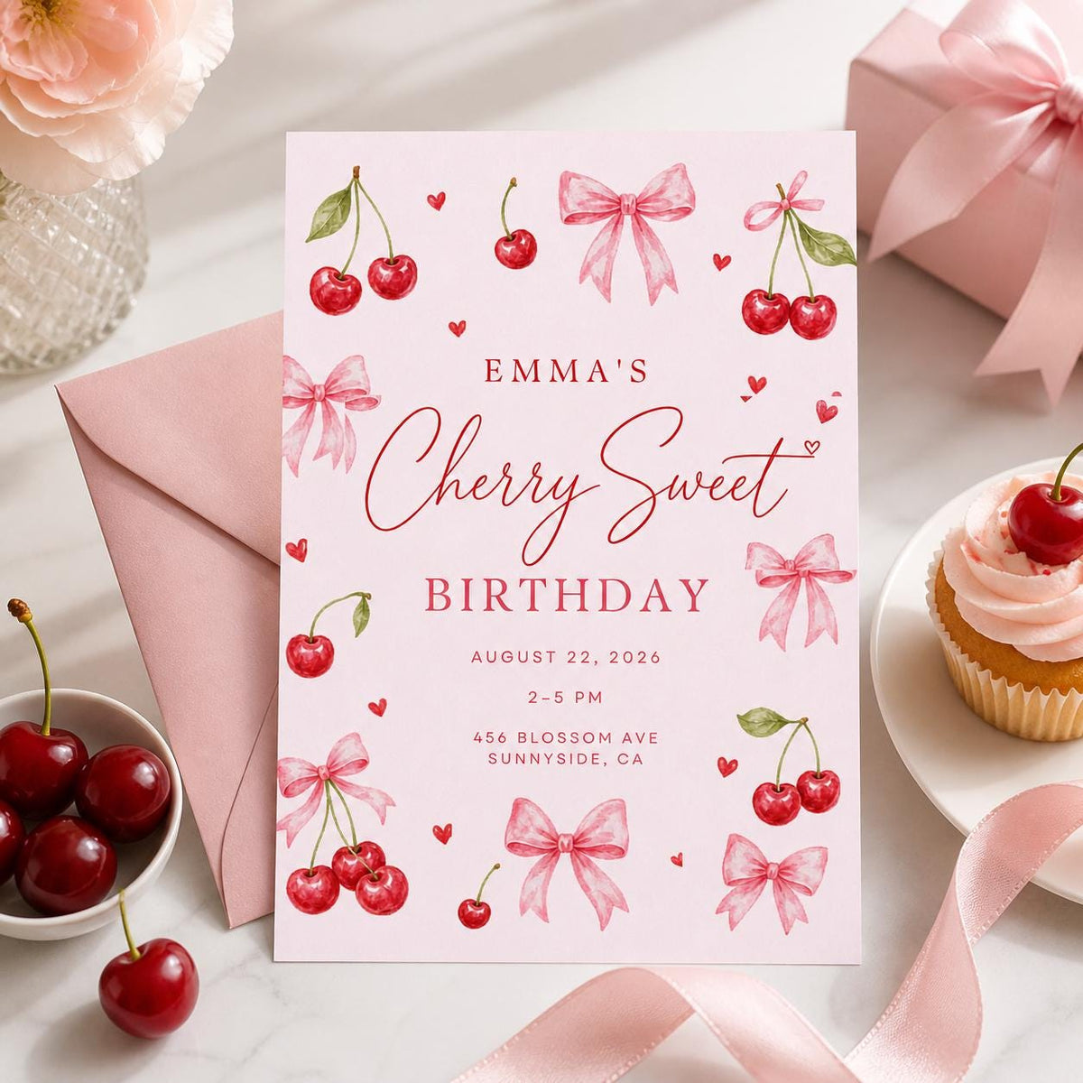 Cherry Sweet Birthday Invitation with Pink Bows — bow artwork in red