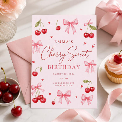 Cherry Sweet Birthday Invitation with Pink Bows — bow artwork in red