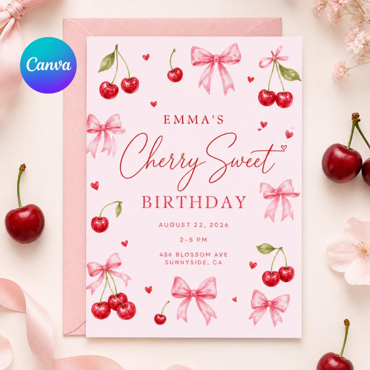 Cherry Sweet Birthday Invitation with Pink Bows — editable Canva template