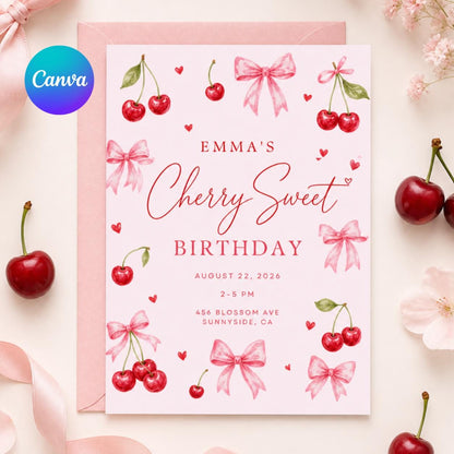 Cherry Sweet Birthday Invitation with Pink Bows — editable Canva template