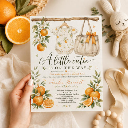 A Little Cutie is on the way Baby Shower Invitation — orange fruit artwork in orange