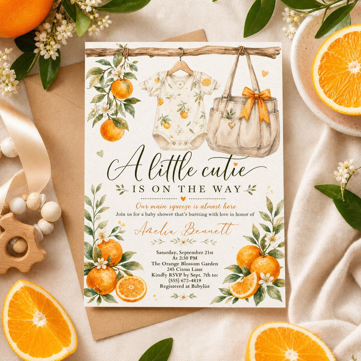 A Little Cutie is on the way Baby Shower Invitation — orange fruit design