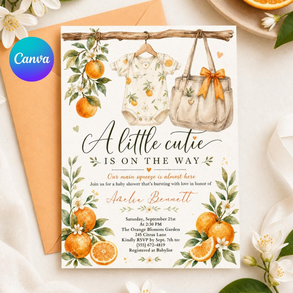 A Little Cutie is on the way Baby Shower Invitation — editable Canva template