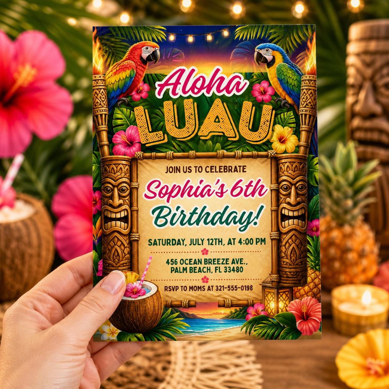 Aloha Luau Birthday Invitation, Tropical Birthday Invitation, Luau Birthday Invitation, Luau Invitation, Aloha Party Invite, Editable Canva __etsy:7983870580