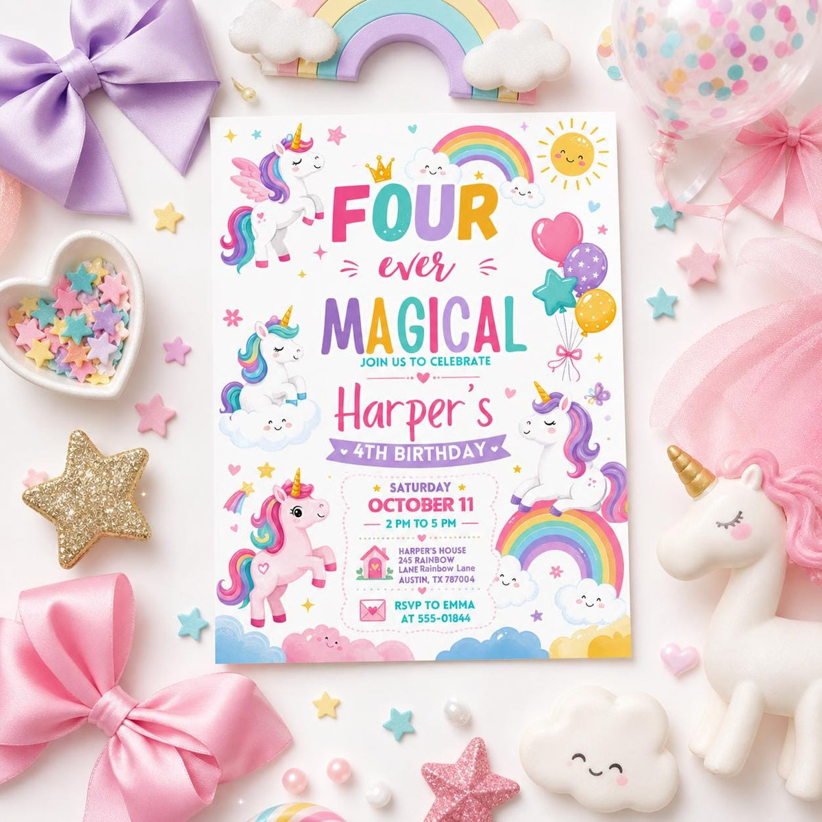 Four Ever Magical Unicorn Birthday Invitation in pink and teal
